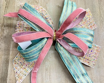 Tweed and Shimmer Velvet Bow, Pink and Minty Blue luxurious ribbon - Velvet Oversized Bow, Outdoor Bow, Weather Resistant, Pink Velvet Bow