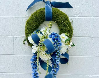 Elegant Blue Front Door Wreath – Velvet Ribbon - French Floral Design - Summer Porch - Entryway Accent