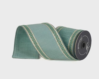 4 Inch Celadon Blue Vintage Scroll Embroidered Ribbon ~ Wired ~ 10 yards