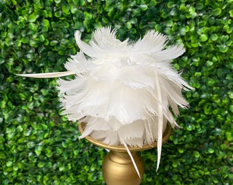 5 in Glitter Tip Feather Ball Ornament - White