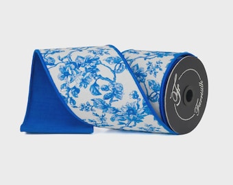 4 Inch Blue Blossom Chinoiserie Toile Ribbon ~ 10 Yards ~ Wired