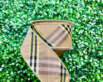 2.5 Inch Gold and Black Diagonal Plaid with Gold Back ~ 10 yards