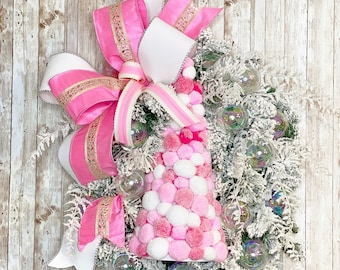 Pink Christmas Wreath, Christmas wreath for front door, Flocked Christmas Wreath, Whimsical Christmas decor,  Housewarming Gift