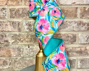 4 inch Pink & Teal Abstract Floral Ribbon  ~ 10 yards ~ wired