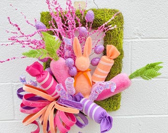 Sherbet Moss Wreath with Flocked Bunnies and Carrots