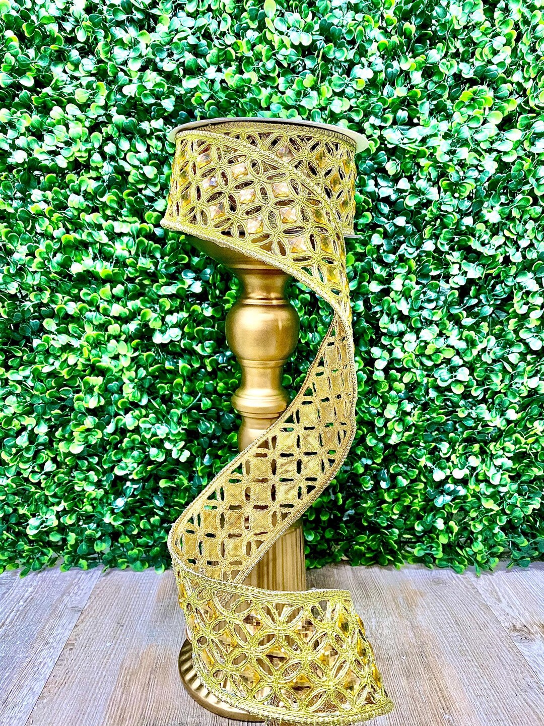 2” Gold Jeweled Diamond Lace Ribbon, Jeweled Designer Ribbon, Diamond ...