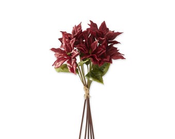 18 Inch Real Touch Burgundy Poinsettia Stem Bouquet Bundle ~ 5 Stems