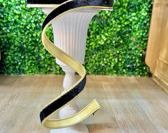 Black Flashy Velvet With Gold Trim Ribbon  ~ 3/4 Inch x 10 yards~ Wired