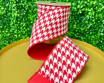 4 inch Red & White Woven Houndstooth Luxe Ribbon ~ 10 yards ~ Wired ~ D Stevens