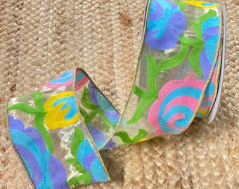 2.5” Farrisilk Mulifloral Embroidered Pastel Ribbon ~ 10yards ~ Wired