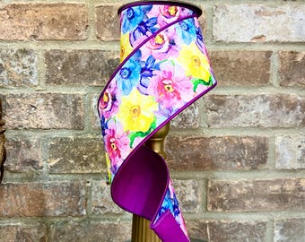 4 inch Purple Watercolor Floral Ribbon  ~ 10 yards ~ wired