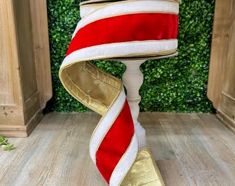 4 Inch Red White & Gold Velvet Santa Stripe Ribbon ~ 10 Yards ~ Wired