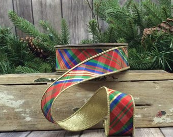 1.5 Inch Red Green Blue Yuletide Paid Ribbon ~ 10 yards ~ Wired