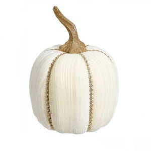 May include: A cream-coloured pumpkin with a gold glitter stem. The pumpkin is decorated with vertical lines of small gold beads, adding a touch of elegance to the autumn decor.