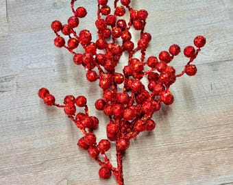 Red Glitter Berry Spray ~ 22 Inch