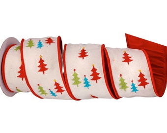 4 inch Embroidered Retro Christmas Tree Ribbon - 5 yards