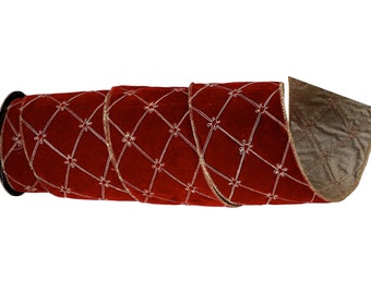 4 Inch Burgundy Tufted Velvet with Jewel Ribbon ~ 5 Yard