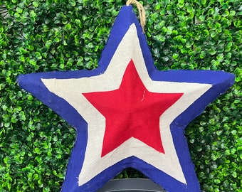 15.75 inch Burlap Patriotic Star Ornament Attachment - Blue