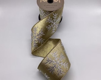 4 Inch Gold Metallic Ribbon with Jeweled Snowflake ~ 5 yards ~ Wired