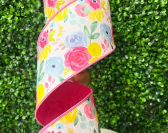 4 Inch Pink Blue & Yellow Watercolor Rose Floral Pattern Ribbon - 10 yards