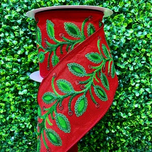 4 Inch Red w/ Green Sequin and Embroidered Vine Ribbon - 10 Yards