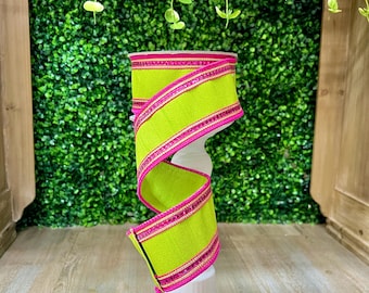 Limegroen en felroze paillettenlint van 6,35 cm breed ~ Met ijzerdraad ~ 10 meter