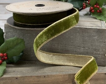 1” Green Velvet Ribbon with gold backing ~D Stevens~ 10 yards ~ Wired