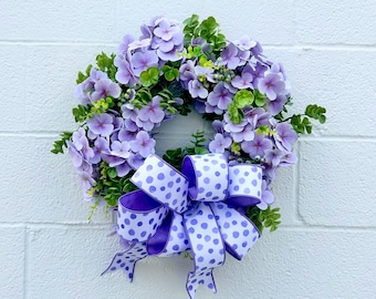 Lavender Purple Flower Wreath for Front Door – Elegant Summer Wreath with Luxury Wired Polka Dot Ribbon | Handmade Floral Door Decor