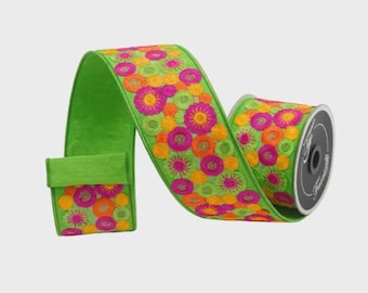 2 inch Pink Lime Orange Mod Flower Ribbon ~ 10 yards ~ Wired