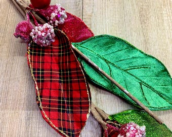 Red and Green Plaid Leaf and Berry Spray - 33.5 inch