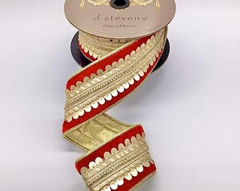 2.5 Inch Red Velvet with Gold Sequin Embroidered Trim ~ 5 yards ~ Wired