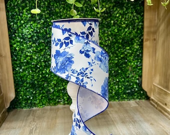 4 Inch Blue Chinoiserie Toile Ribbon ~ 10 Yards ~ Wired