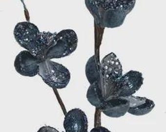 Light Blue Velvet Jeweled Magnolia Bud Spray ~ 34 inch