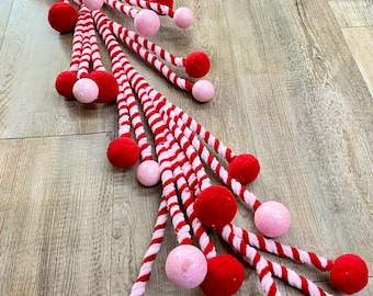 Chenille Stripe Manzanita Mixed Ball Garland - 48 inches - Red/Pink