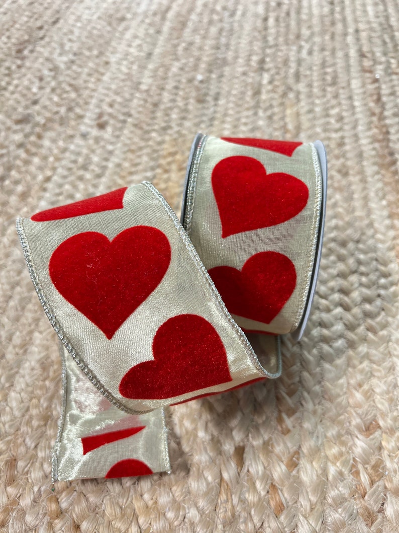 2.5 Flocked Heart Ribbon Farrisilk 10 yards Wired image 2