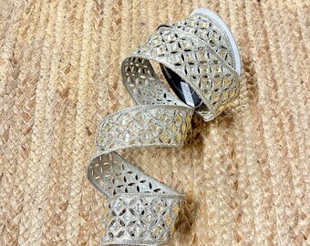 2 Inch Platinum Jeweled Luxury Ribbon, Platinum Diamond Lace Ribbon, Jeweled Designer Ribbon, Diamond Christmas Ribbon