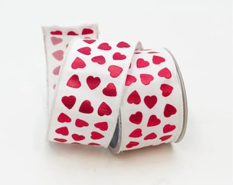 Red and White Hearts Ribbon ~ 2.5 inch x 10 yards ~ Farrisilk