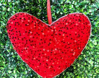 Red Sequin Heart Ornament - Small -  H11xW10