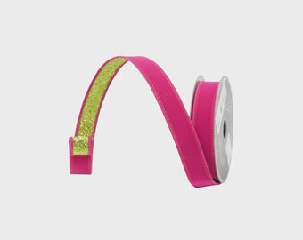 1 Inch Hot Pink Suede and Lime Glitter Fusion Ribbon ~ 10 yards ~ Wired