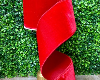 4” Red Velvet Luster Ribbon - 10 yards - Wired