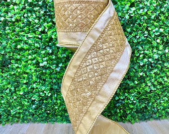 4 Inch Sequin Trim Crème Velvet Taffeta Ribbon ~ 5 Yard