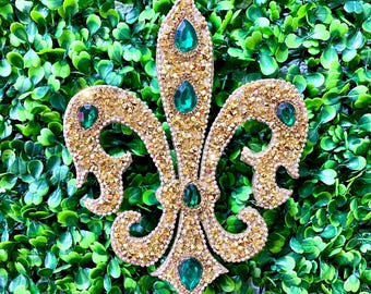 Jeweled Fluer De Lis Ornament - 7.5 inches - Emerald and Gold