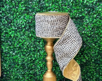 4 inch Black Gold Tweed  Ribbon with Gold Backing  ~ 10 yards ~ Wired