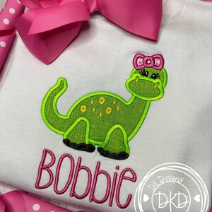 Girls Dino with Bow Shirt- Girls Dino Shirt- Dino Tee- Dinosaur Shirt- Applique T-shirt- Embroidered Shirt- Girls Applique Shirt