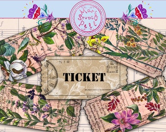 Botanical Tickets, Vintage Tickets, Digital Collage Sheet, Instant Download Printable Tickets Flowers Coupons Flowers Tickets Plants Tickets