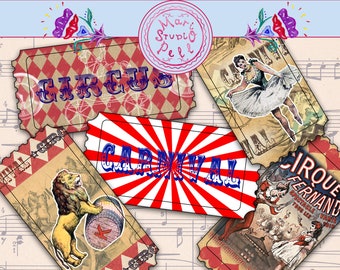 Vintage Circus Tickets, Retro Circus Tickets, Digital Collage Sheet, Instant Download Printable Tickets, Circus Coupons, Carnaval Tickets