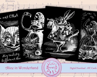 Alice in Wonderland Digital Collage Sheet Digital Cards Instant Download Printable ATC Cards 2.5”x3.5” ACEO Cards Digital Image Black White