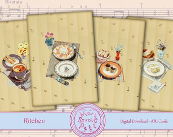 Kitchen Digital Collage Sheet Digital Cards Instant Download Printable ATC Cards 2.5”x3.5” ACEO Kitchen Cards Digital Image Breakfast Lunch