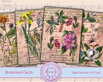 Botanical Cards - Digital Collage Sheet Digital Cards Instant Download Printable ATC Cards 2.5”x3.5” ACEO Flowers Cards Digital Image Plants