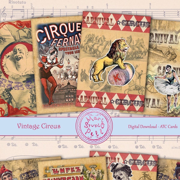 Vintage Circus - Digital Collage Sheet Digital Cards Instant Download Printable ATC Cards 2.5”x3.5” ACEO Retro Carnival Cards Digital Image